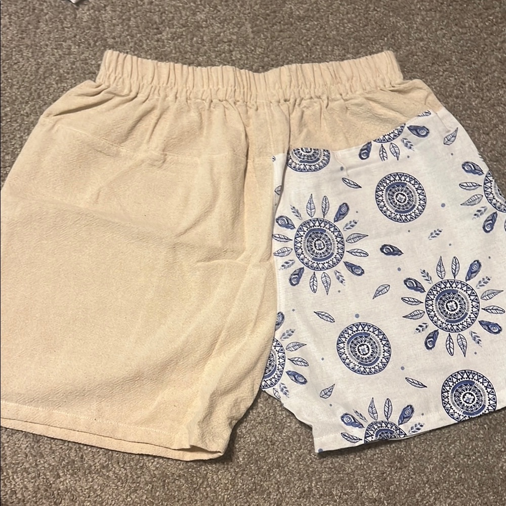 Beige Shorts with Red and Blue Pattern